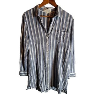 Cloth & Stone Shirt Dress Large Blue  White Stripe Raw Hem Long Sleeve Button Up